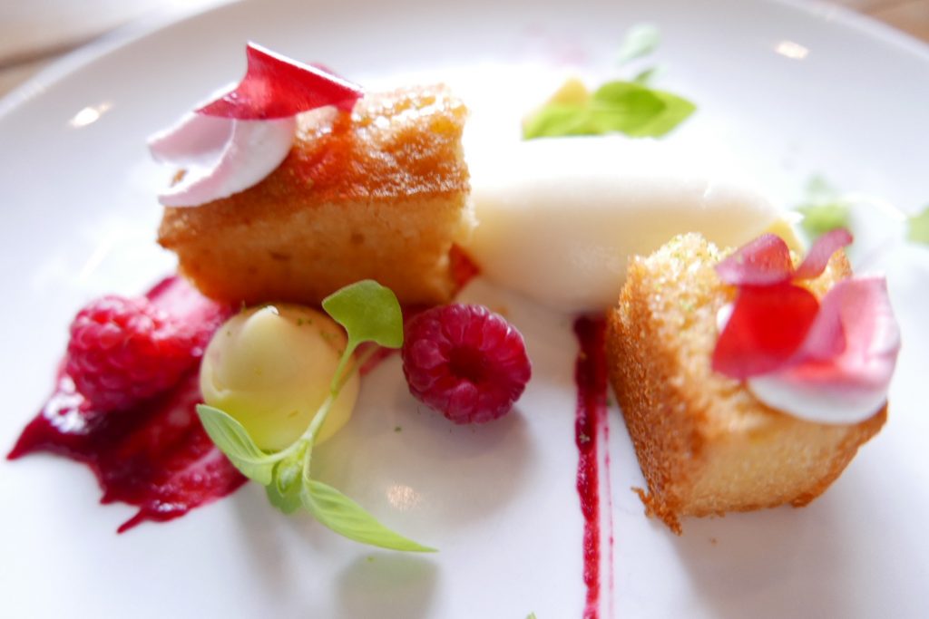 Sorbet citron gingembre, madeleine, coulis framboise © GP