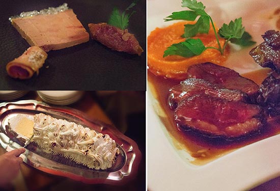 Les plats (foie gras, confit, magret, omelette norvégienne) © Maurice Rougemont
