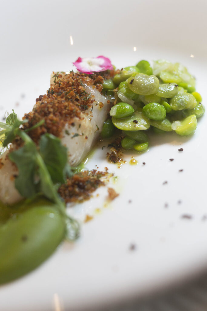 Bar de ligne, gremolata, etuvée de févettes, petits pois et oignons nouveaux © MR